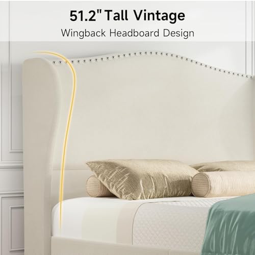 Image of Yaak King Size Bed Frame Upholstered, Platform Bed Tall Headboard 52 inch, Modern Nailhead Trim Headboard Wingback, No Box Spring Needed, Wood Slats Support, Easy Assembly, Cream