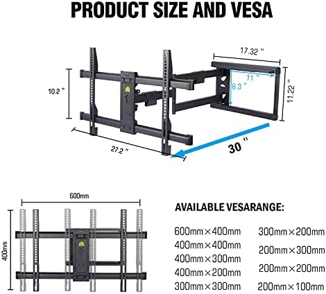 FORGING MOUNT Long Reach TV Wall Bracket Mount Swivel Tilt Corner TV Bracket with 765mm long Arm for Corner/flat Installation fits 37 to 75" Flat/curve TVs, VESA 600x400mm, Holds up to 45kg