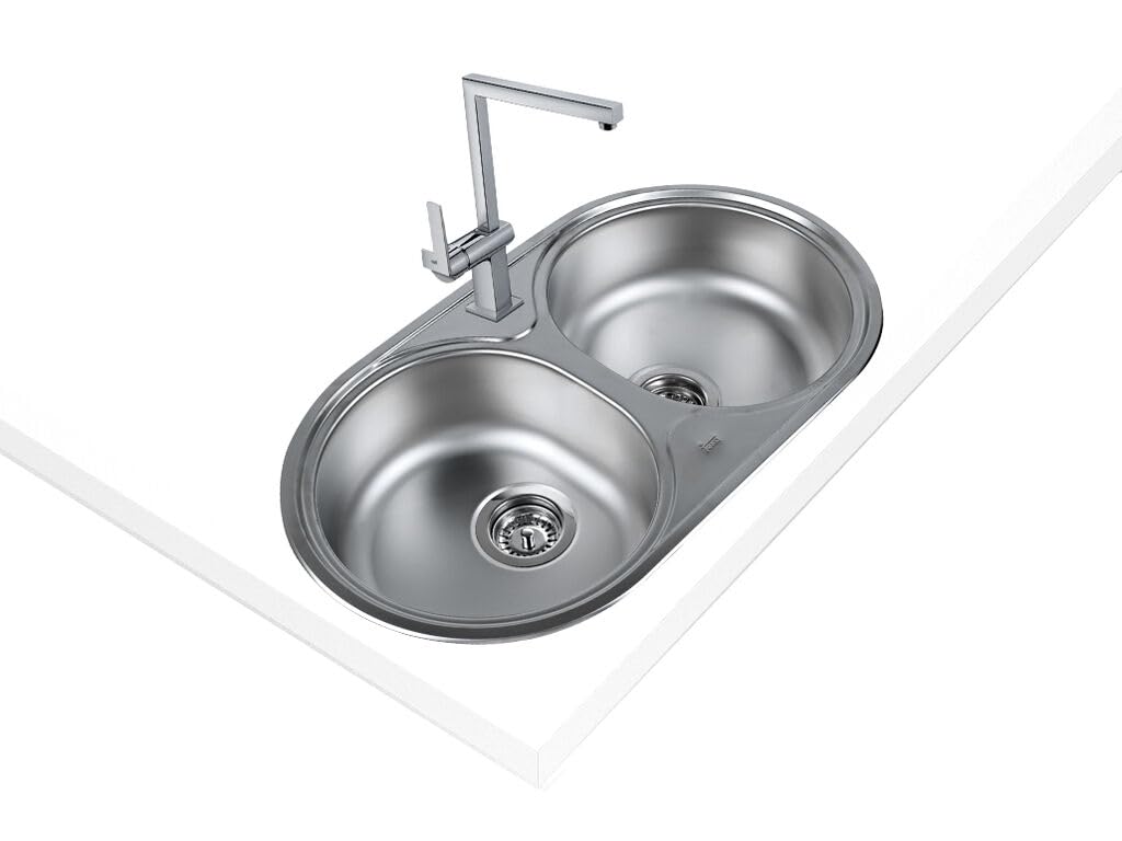 TEKA Fregadero Empotrado 2 Senos en Acero Inoxidable, Desagüe Manual 3½", Profundidad Cubetas 150mm, Mueble Bajo 80cm, No Incluye Válvula, Serie Sphera DR-78 2C