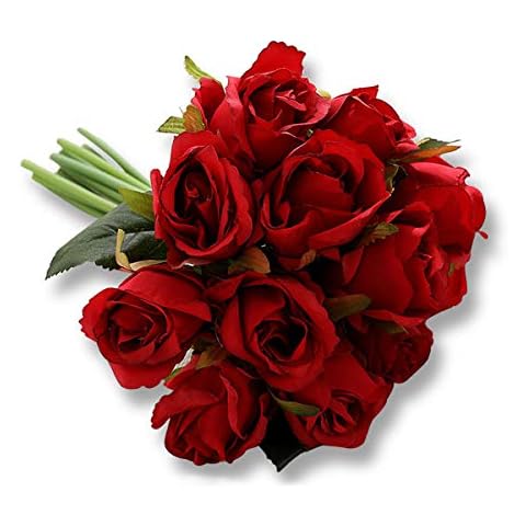 Icecode Artificial Rose Flowers 12 Heads Fake Rose Bridal Wedding Bouquet Silk Flowers for Home Decoration (Red) Cover