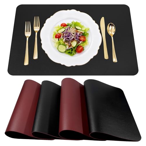 Set De 4 Manteles Individuales De PU Manteles Individuales Lavables 43x30cm, Tapete Mesa Comedor Resistente Al Calor Decoracion Mesa Comedor Reversible Negro/Rojo