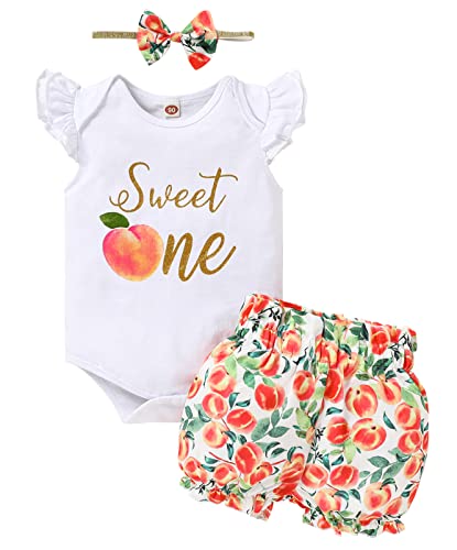 Image of Baby Girl One Birthday Outfits Ruffle Sleeve Romper+Strawberry Shorts+Headband 3Pcs Summer Clothes