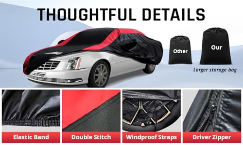 Image of Car Cover Waterproof All Weather with Red Strip Design, Custom Fit for DTS(2006-2011), XTS(2013-2019), CT6(2016-2020), DTS Accessory with Door Zipper & Windproof Straps