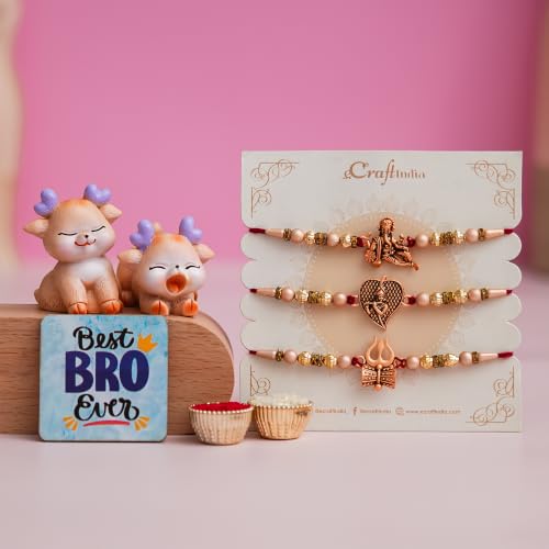 Image of eCraftIndia Set of 3 Designer Rakhis for Brother with Cute Deer Showpieces, Best Bro Ever Fridge Magnet & Roli Chawal Pack | Ganesha, Radha Krishna & Trishul Rakhi | Raksha Bandhan Gift