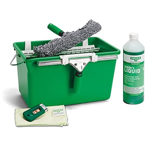 UNGER Window Cleaning Kit PRO Set - Power Washer Sleeve, ErgoTec Squeegee, Bucket 18L, Liquid Glass Cleaner 1L, Safety Glass Scraper, Microfibre Cloth - Professional Window Cleaner Equipment Cover