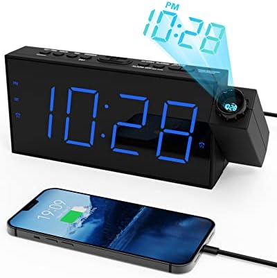 Projection Alarm Clock for Bedroom,LED Digital Clock Projection on Ceiling Wall with USB Phone Charging,Battery Backup,180°Projector& Dimmer,12/24H,DST,Snooze,Dual Loud Bedside Clock for Heavy Sleeper