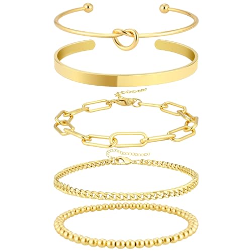 VELORICHE 14K Gold Plated Bangle Cuff Bracelets Set for Women - 5Pcs Trendy Gold Bracelet Stack Jewelry