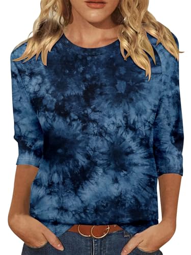 KISSMODA Tunic Tops for Women Loose Fit Dressy Round Neck Pleated 3/4 Length Sleeve Spring Tops