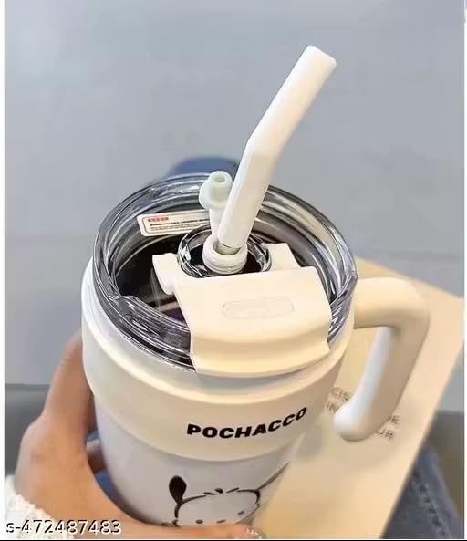 Image of Cute Cartoon Straw Tumbler 860ml with Handle | Doublewall-Reusable Sipper Cup with Lid for Kids & Teens | Lightweight Drinking Mug for Water, Juice & Milk (White)