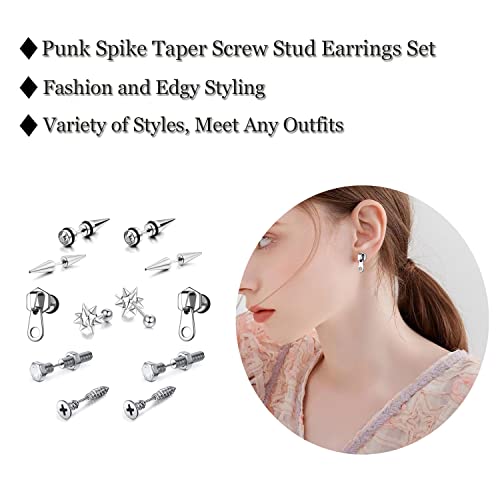 5 Pairs Punk Style Stainless Steel Black Tone Geometric Triangle Rivet Surgical Huggie Hoop Earrings Screw Nail Stud Earrings Gift for Men Women Teen4