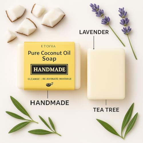 Image of 5 PACK Organic Soap Natural Cold Pressed Coconut Oil Soap with Lavender & Tea Tree - Pack of 5 - Moisturizing & Detoxifying Natural Soaps for Bath