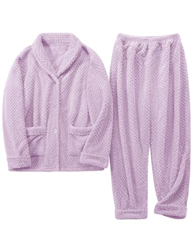 Women's Fleece Pajama Sets with Pockets, Long Sleeves Button Front Warm Pajamas Winter Sleepwear with Notched Collar