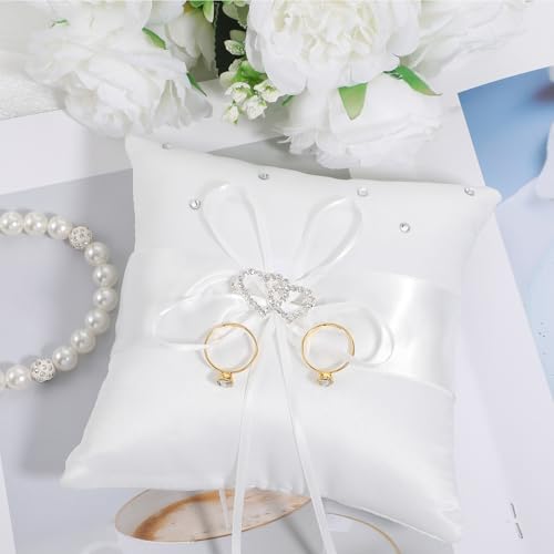 HJZHII Wedding Ring Pillow, 5.7x5.5 Inch Rhinestones Bow Ring Pillow Holder Lace Rings Bearer Pillows Cushion for Ceremony Party Anniversary - Thumbnail 4