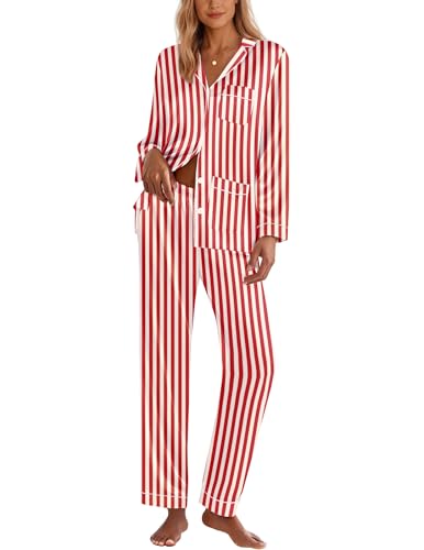 Ekouaer Silk Pajamas for Women Classic Button Down Satin Pajama Sets Long Sleeve Lounge Set
