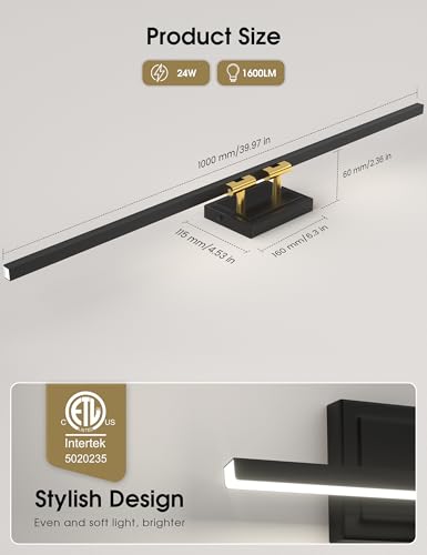 Image of VOLISUN Modern Bathroom Vanity Light 39.4 inch, Rotatable, 24W Dimmable 5CCT Led Bathroom Light Fixture Over Mirror, Black Gold Bar Vanity Light for Bathroom Mirror Cabinets-ETL Certificated