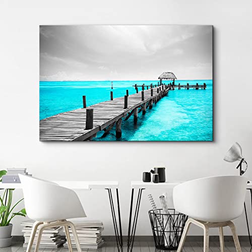 Image of Teal Ocean Canvas Wall Art for Living Room Black and White Coastal Beach Bridge Wall Decor Mexico Cancun Seascape Prints Pictures 32 inch x 48 inch Modern Artwork Poster for Bedroom Bathroom Home Decoration