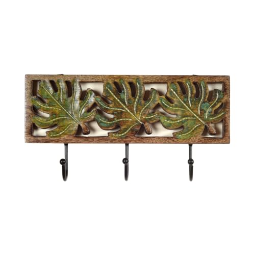 Image of AAKRITI ART CREATIONS Autumn Leaf Towel Hanger with Hooks | Rustic Wood Wall Organizer with 3 Hooks | Storage Shelf for Towels, Napkins, Cloths | Multifunctional Wall Decor Item