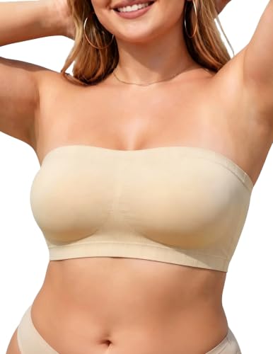PoseFree Strapless Push Up Bra for Women Wireless Bandeau Bra with Fixed Pads Seamless Anti-Slip Tube Top Padded Convertible Bralette Nude L