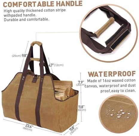 Firewood Carrier Bag, Waterproof Waxed Canvas Log Tote with Padding Handle, Heavy Duty for Firewood, Outdoor Use — view 7