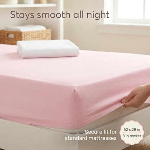 Image of Everyday Kids 2-Pack Fitted Crib Sheets, 100% Soft Breathable Microfiber Baby Sheet, Fits Standard Size Crib Mattress 28in x 52in, Pink Nursery Sheet and White Nursery Sheet