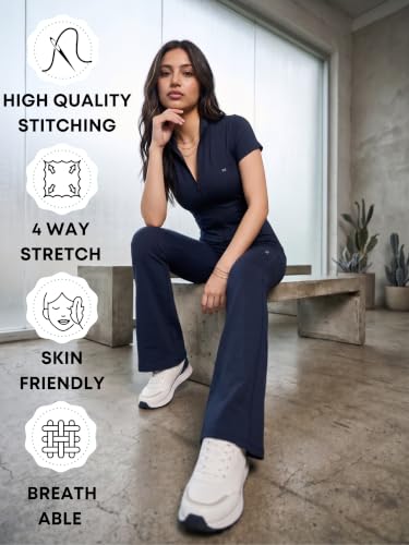 Image of White Moon Women Sports Co-ord Set, 4 Way Stretch Fabric Zip Neck Half Sleeve Top & High Waist Flared Pants, Gym Workout Yoga Running Fitness Activewear Set