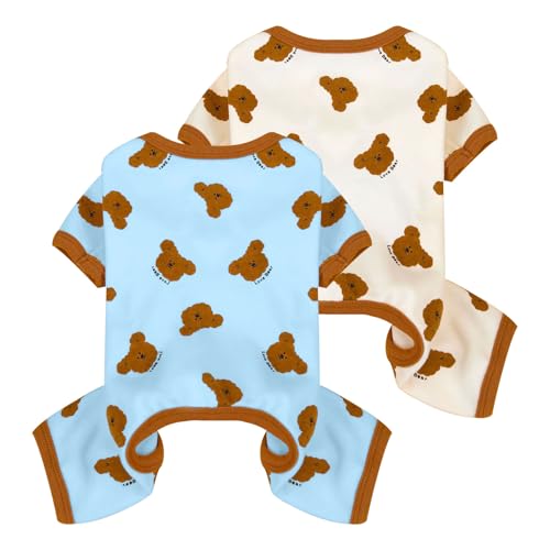 2 Pack Dog Pajamas Small Sized Dog Onesie Clothes Soft Stretchy Puppy Pajamas for Dogs Cats Girl Pet Costume Bear Printed Pjs Outifts French Bulldog Chihuahua Doggie Clothes (Blue&White, Medium)