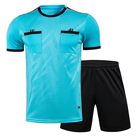 Referee Jersey Bundle, Men's Soccer Referee Uniform Short Sleeve Pro Referee Soccer Jersey Perfect for Basketball Football Sports - Includes Referee Jersey and Shorts(Blue,XL) Cover
