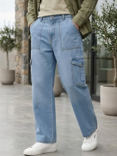 Image of Urbano Fashion Men's Loose Mid Rise Baggy Fit Cargo Jeans with 6 Pockets Non-Stretchable