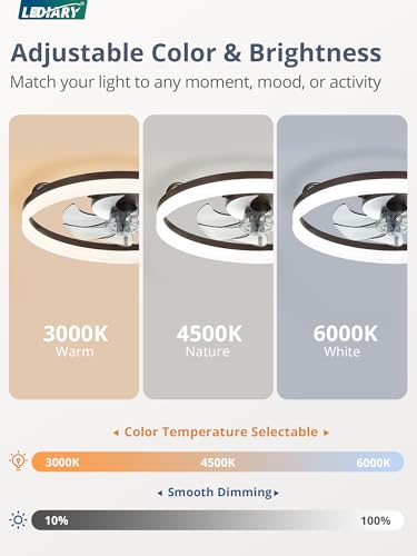Image of LEDIARY Ceiling Fans with Lights, 20 inch Low Profile Flush Mount Ceiling Fan, Dimmable LED, APP & Remote Control, Quiet Reversible DC Motor, 6 Speeds, Fandelier for Bedroom, Brown