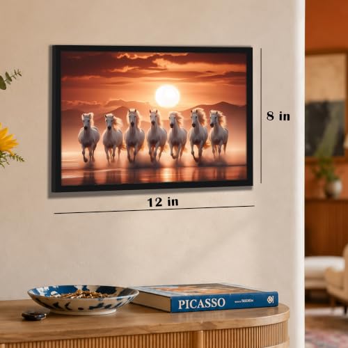 Image of PAINTINGMANTRA 7 White Running Horses Vastu Framed Wall Art Painting for Living Room, Seven Running Horses Poster with frame for Wall, Decoration item for bedroom, 10x13 Inch