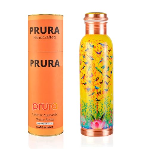 PRURA Borraccia in rame con taglio a diamante, a prova di perdite, contenitore in rame ayurvedico per sport, palestra, attività all'aperto, yoga