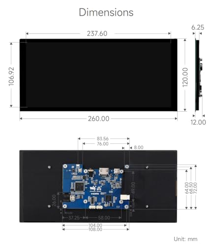 Image of waveshare 10.4inch QLED Quantum Dot Display, 1600x720 Resolution, Compatible with Raspberry Pi 5 /4B /3B /Zero /Zero W /Zero 2W /Pico /Pico W /Pico WH, Jetson Nano and PC