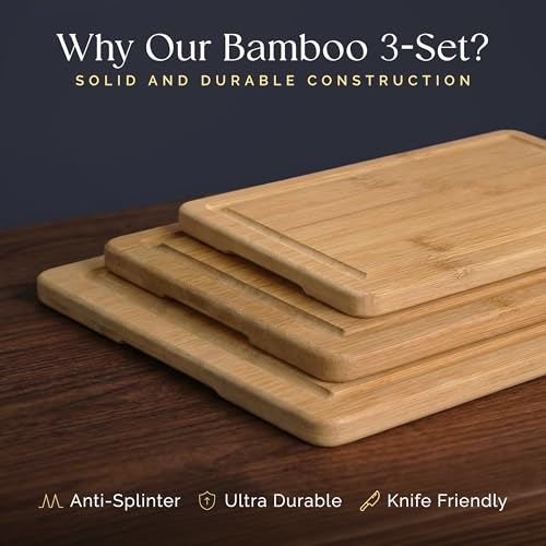 Deer & Oak 3-Piece Bamboo Chopping Board Set, Pre-Oiled Wooden Cutting Chopping Boards for Kitchens 33x24cm, 28x20cm, 22x15cm, with Side Handle and Grooves - Image 5