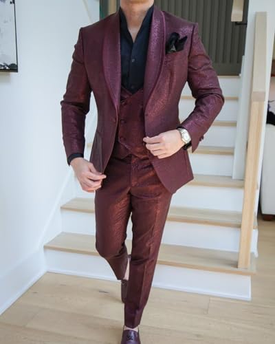 Men's 3 Pieces Sparkly Suit Elegant Solid One Button Slim Fit Single Breasted Homecoming Party Blazer Vest Pants Set2