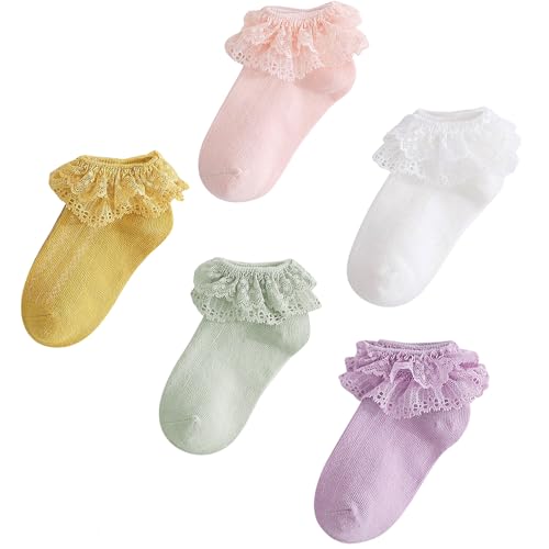 Image of Durio 5 Pairs Baby Girl Socks - Cute Frilly Ruffle Socks for Girls 0-5T, Breathable Lace Ankle Sock for Newborn to Toddler