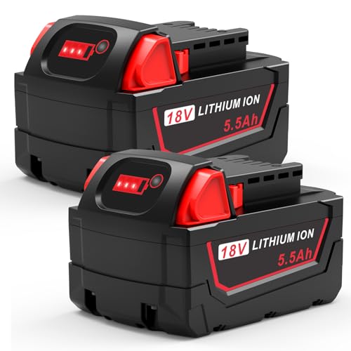 Lot de 2 batteries Li-ion 18 V 5,5 Ah pour Milwaukee, ASUNCELL - Batterie de rechange pour Milwaukee M18 - Compatible avec Milwaukee M18B XC 48-11-1815 48-11-1820 48-11-1850 2601 2610 2611 26220