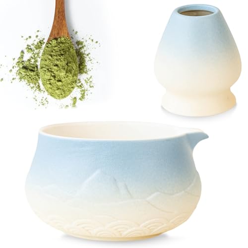 VEGOATY Set Matcha para Ceremonia, 1 Cuenco Matcha de Cerámica Set Azul Degradado, Cuenco Matcha Duradero, Kit Matcha con Chawan y Batidor, Cuenco Cerámico Matcha Regalo para Amantes del Matcha