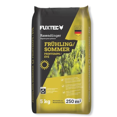 FUXTEC concime per prato primavera/estate FX-RDFS5, concime per prato ricco di azoto per una crescita uniforme, 5 kg di granuli per circa 250 m², apporto nutritivo di lunga durata