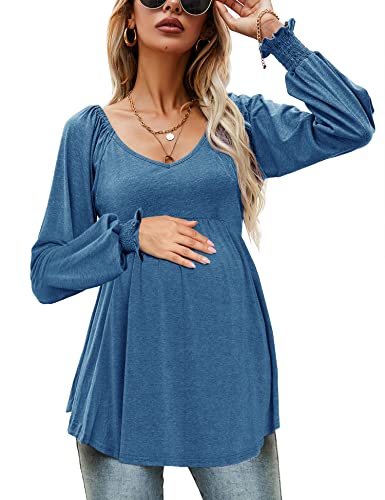 Czzzyl Women Nursing Summer Puff Long Sleeve V Neck Flowy Tunic Tops Flattering Mama Elastic Cuff Loose Fitting Postpartum Tee Shirts(Blue,X-Large) #TOP2