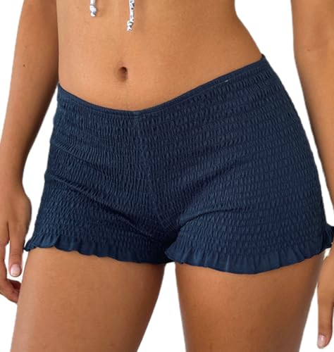 Image of NUFIWI Women's Y2k Ruched Mini Shorts Low Waist Ruffle Frill Bloomers Lounge Pajamas Smocked Micro Shorts Sleepwear