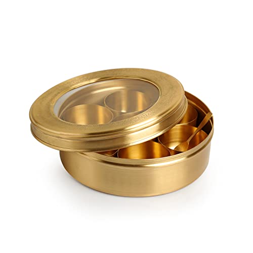 Image of ExclusiveLane 'Floral' Brass Spice Box for Kitchen with Spoon (7 Containers, 100 ml, Hand-Etched) | Brass Masala Box for Kitchen Masala Container Masala Dabba Masala Dani Namak Dani Spice Container