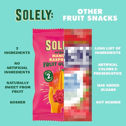 Image of SOLELY - Organic Mango & Raspberry Whole Fruit Gummies (Pack of 8 Boxes, 5 Bags per Box) - Real Fresh Fruit - Healthy Snacks for Adults & Kids - Non GMO, Vegan Snacks, Shelf Stable - 40 Bags (3.5 oz)