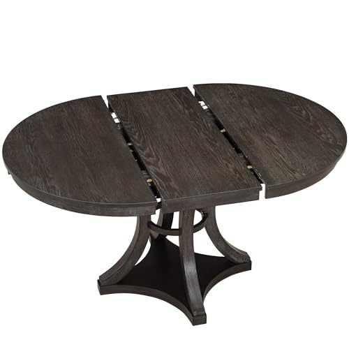 Image of Bellemave Extendable Dining Table Set for 4, 5-Piece Retro Round Table Set with 4 Upholstered Chairs, Round Table with a 16 inch W Leaf, Oval Kitchen Table Set with Extendable Table (Espresso)