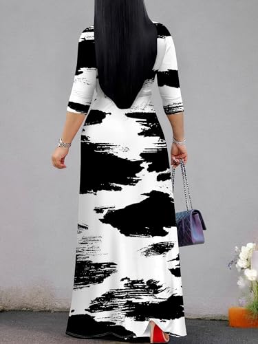 Image of Plus Size Dresses for Women Print Maxi Dresses 3 /4 Sleeve with Belt