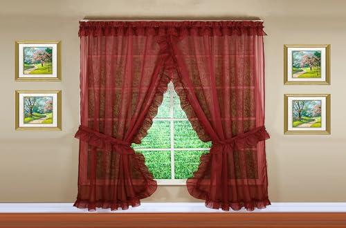 Image of Today's Curtain, Emelia Priscilla Sheer Pair 96 inch W x 84 inch L, Burgundy, 5-Piece-Set