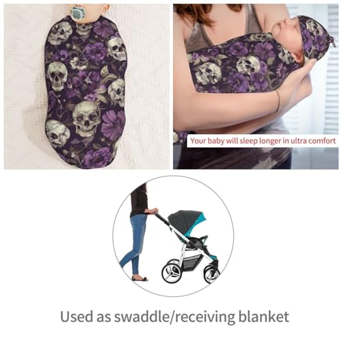 Image of Vintage Purple Flowers Skulls Newborn Swaddle Blankets Hat Sets Soft Baby Receiving Blanket Swaddle Sack for Baby Shower Infant Boy Girl Gift