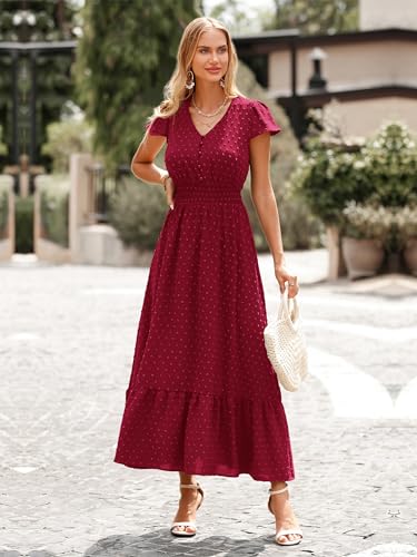 Image of PRETTYGARDEN Womens Dresses 2026 Summer Maxi Dress Boho Short Sleeve V Neck Swiss Dot Ruffle Tiered Smocked Flowy Long Dress