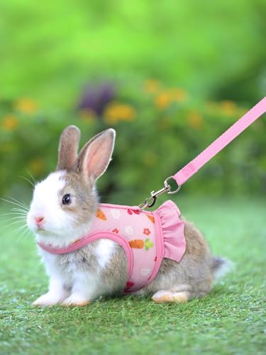 Image of Bunny Harness and Leash,Proof Walking Escape Cute Floral Mesh Vest Breathable Rabbit Clothes for Bunnies, Hiking, Training for Ferret Kitten Puppy Small Pet Harness Pink M