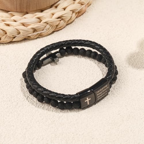 Cross Bracelet for Men,Black Stainless Steel Cross Jewelry With Black Onyx Beads Bracelets, Easter, Communion, Baptism, Christmas Gifts3