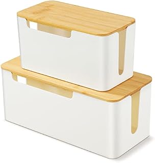 2 Pack Cable Management Box, Wire Organizer Box to Cover and Hide Power Strips & Cords, Wood Lid, Cord Hider Organiser Desk TV Computer Under Desk USB Hub System Tidy, White (M+S)